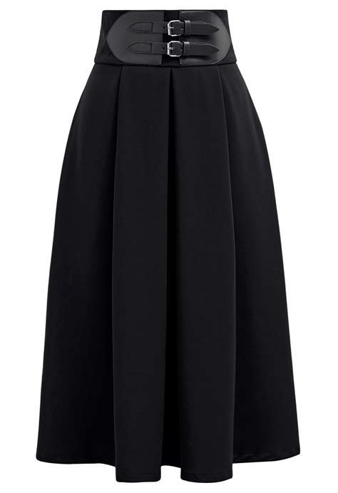 Belt Embellished High Waist Pleated Midi Skirt in Black - Retro, Indie ...