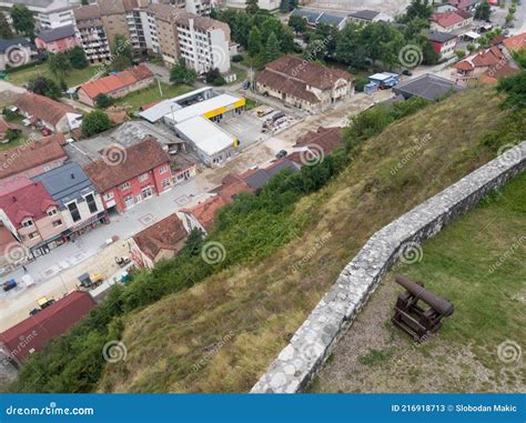 View Of The Town Of Doboj Street Bellow Gradina Fortress On The Hill