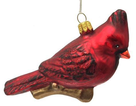 Red Cardinal Bird On Branch Polish Glass Christmas Ornament Animal