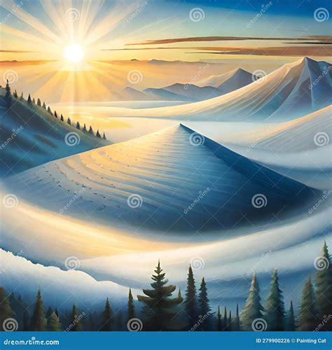 Beautiful Winter Landscape Sunrise Over The Snowy Mountains Stock