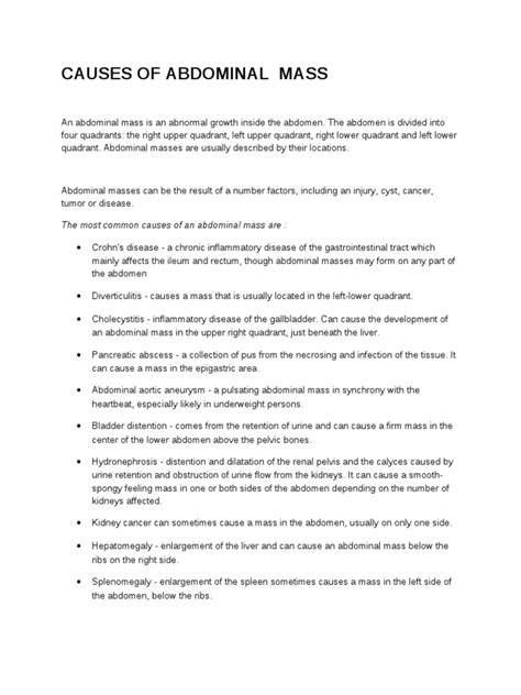 Causes of Abdominal Mass | PDF | Abdomen | Neoplasms