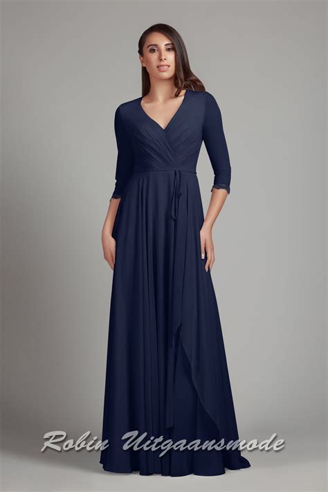 Prom dress with 3/4 sleeves and waterfall neckline