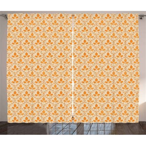 Orange and Beige Curtains 2 Panels Set, Artistic Pattern with Foliage ...