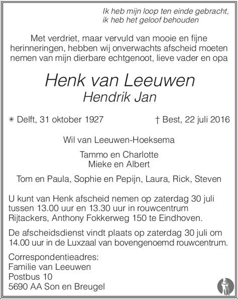 Hendrik Jan Henk Van Leeuwen 22 07 2016 Overlijdensbericht En