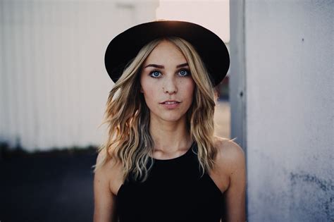 Freckles Blonde Looking At Viewer Blue Eyes Black Tops Model Hat