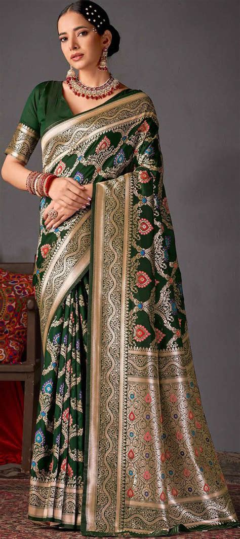 Engagement Traditional Wedding Green Color Silk Fabric Saree