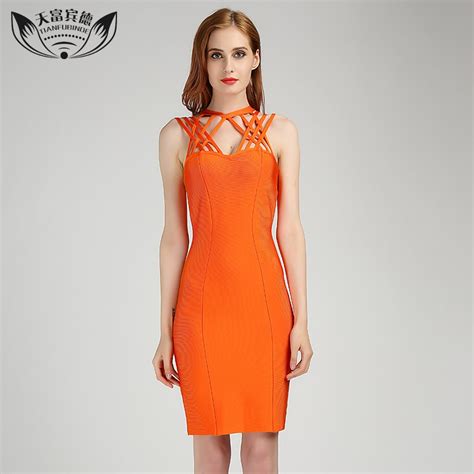 2017 Sexy Sleeveless Orange Bandage Dress Strapless Stripes Shoulder