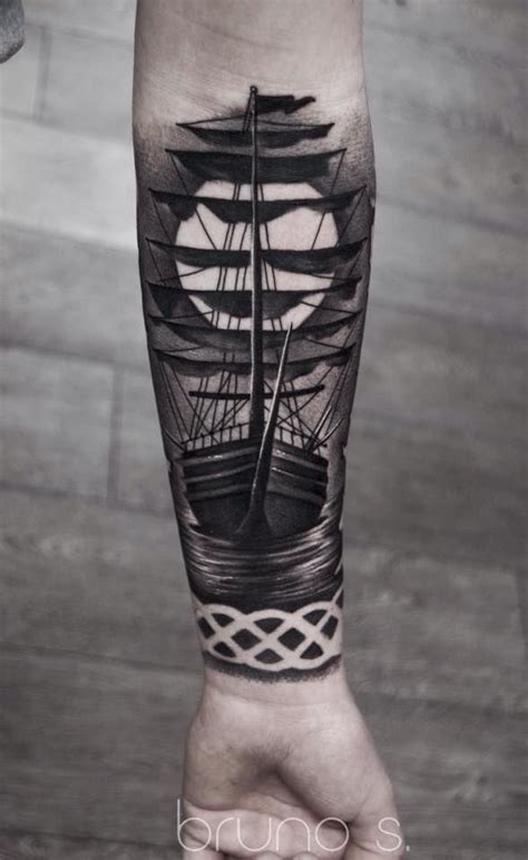 Black And Grey Ship Tattoo With Celtic Band In Negative Best Sleeve