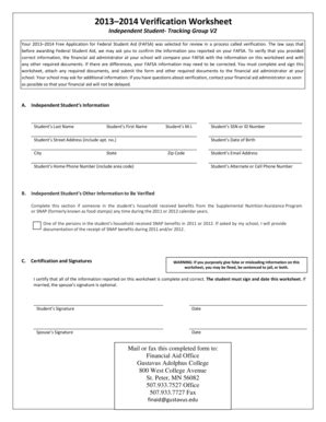 Fillable Online Gustavus Verification Worksheet Independent