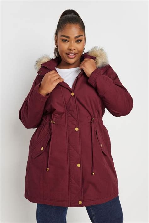 Yours Plus Size Berry Red Faux Fur Trim Parka Coat Yours Clothing