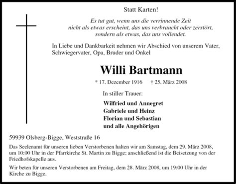 Traueranzeigen Von Willi Bartmann Trauer In Nrw De