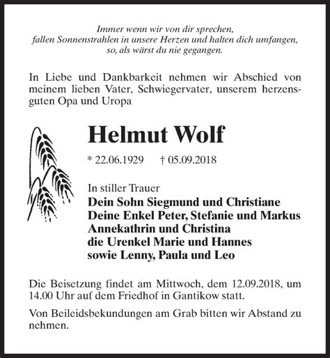 Traueranzeigen Von Helmut Wolf Trauer Anzeigen De