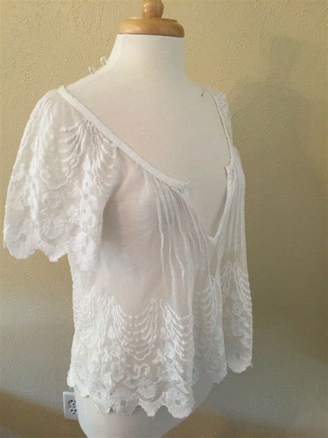 Abercrombie Fitch Sheer Net Lace White Blouse W Embroidered Flowers