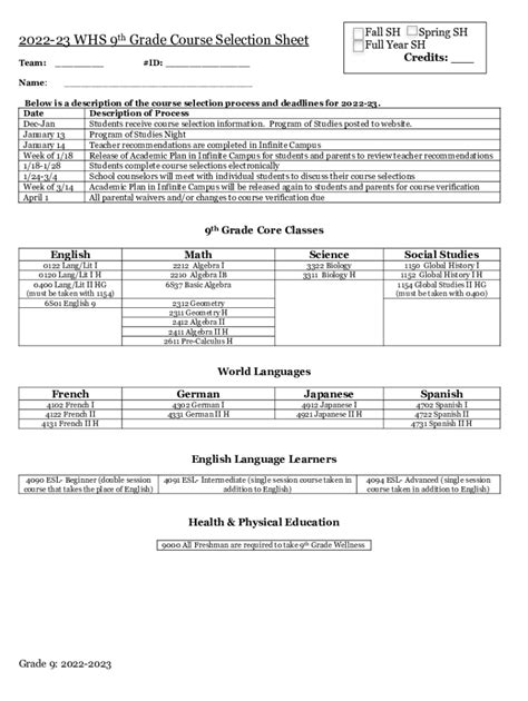 Fillable Online Whs Th Grade Course Selection Sheet Wsdweb