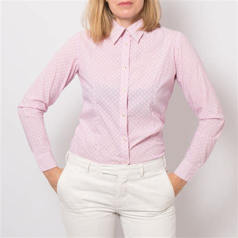 Pick Wick Pink Polka Dot Shirt Polka Dot Blouse Striped Collar Sleeve Cuffs Button Up Medium