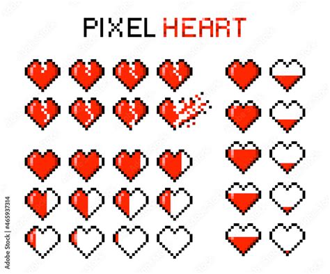 Pixel Hearth Set Game Life Bar Pixel Art Bit Broken Heart Stock