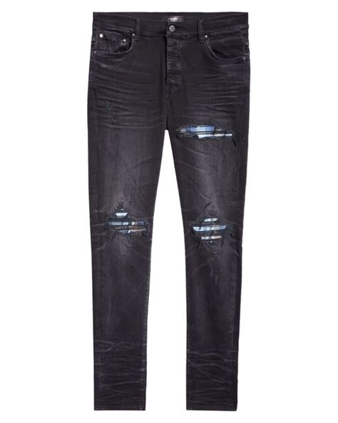 Amiri Mx1 Plaid Ripped And Patched Stretch Skinny Jeans In Blue For Men