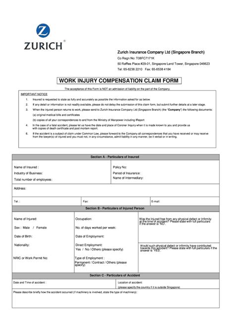 Fillable Online WORK INJURY COMPENSATION CLAIM FORM Zurich Fax Email