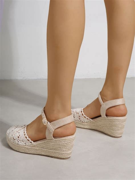 Women Beige Hollow Out Wedge Court Shoes Ankle Strap Espadrille Wedge