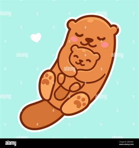 Cute cartoon otter mom hugging baby cub, Mother's Day drawing. Simple kawaii clip art ...