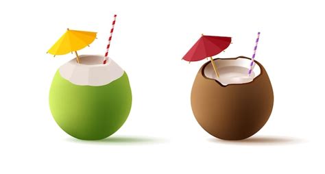 Premium Vector 3d Green Coconut And Ripe Coconut Cocktails With Straw And Umbrella Realistic