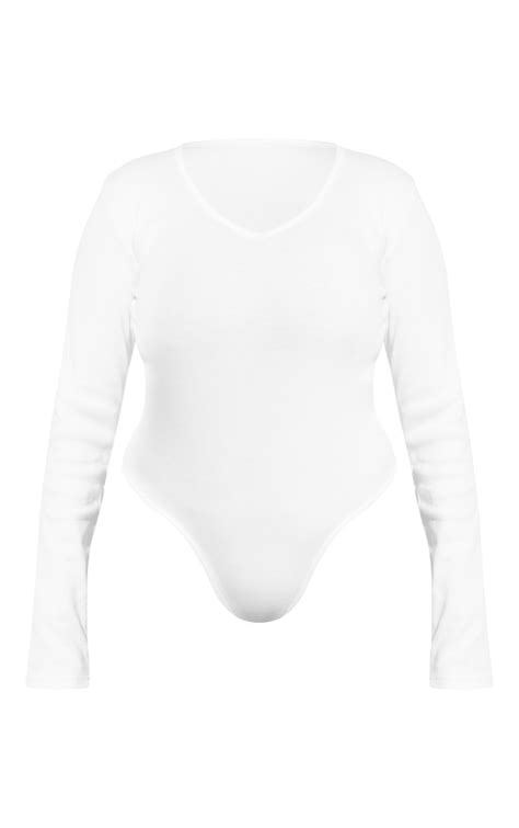 Plus White Basic Rib V Neck Long Sleeve Bodysuit Plus Size Prettylittlething