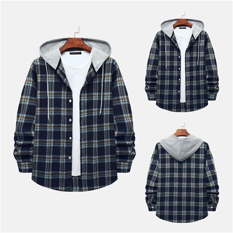 cllios Mens Flannel Hoodie Shirts Casual Plaid Jacket Button Down ...