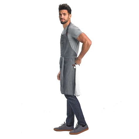 Flannery Bib Apron Indigo Denim With Brown Leather Accents Barfly