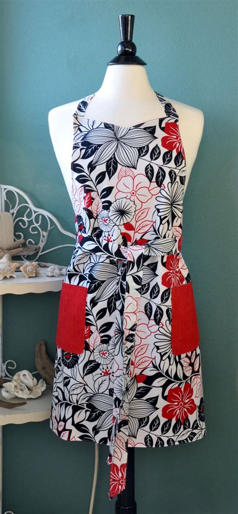 Modern Abstract Floral Apron Red Apron Reversible Apron Etsy Floral