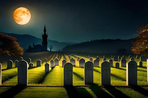 La Luna Llena Se Eleva Sobre Un Cementerio Por La Noche Foto Premium