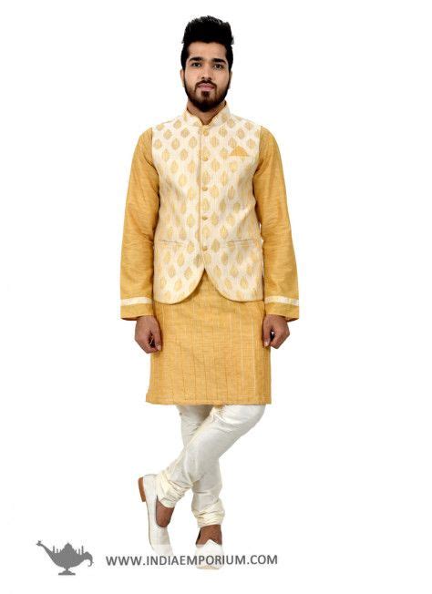 Enticing Golden And White Kurta Pyjama In Cotton Silk With Ivory Nehru