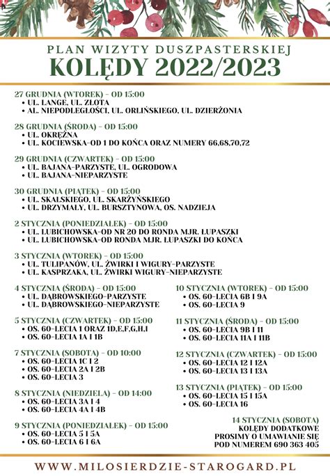 Plan kolęd 2022 2023 Parafia Miłosierdzia Bożego w Starogardzie Gdańskim