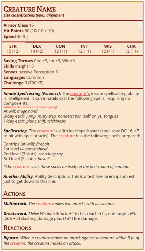 5e Npc Stat Block Template Card Template