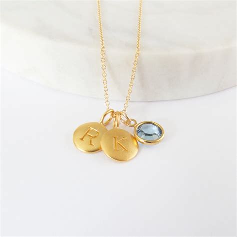 2 Gold Initial & Birthstone Charm Necklace, Birthstone Necklace ...