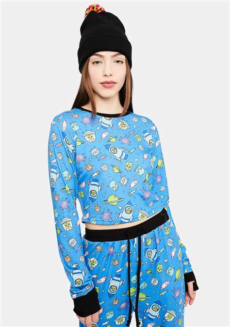 Delias Alien Print Contrast Trim Long Sleeve Crop Top Dolls Kill