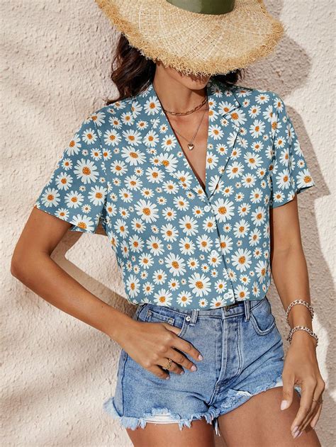 Shein Vcay Allover Floral Print Lapel Collar Shirt Shein Usa