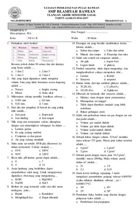 Soal Uts Ipa Kelas 7 Semester 1 Kurikulum 2013