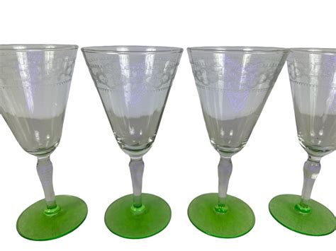 Vintage Etched Footed Stemware Glasses Uranium Vaseline Glass Green Foot 675h 4 Glasses