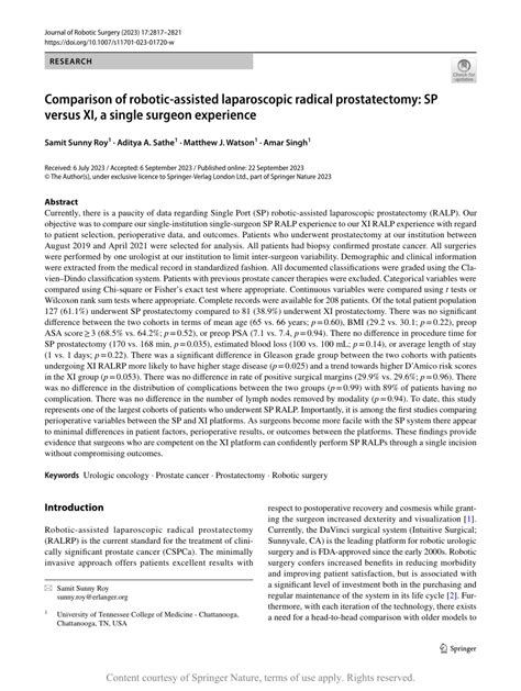 Comparison Of Robotic Assisted Laparoscopic Radical Prostatectomy Sp