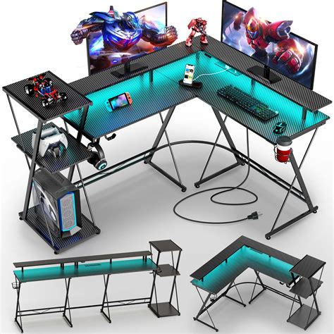 Seven Warrior L Shaped Gaming Desk With Led Lights Power Outlets