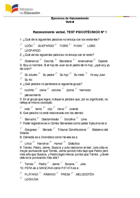 Pdf Ejercicios De Razonamiento Verbal Razonamiento Verbal Test PsicotÉcnico Nº 1