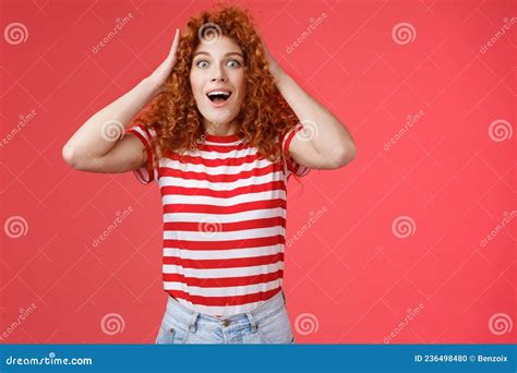 Astonished Surprised Emotive Happy Redhead Girl Receive Incredible