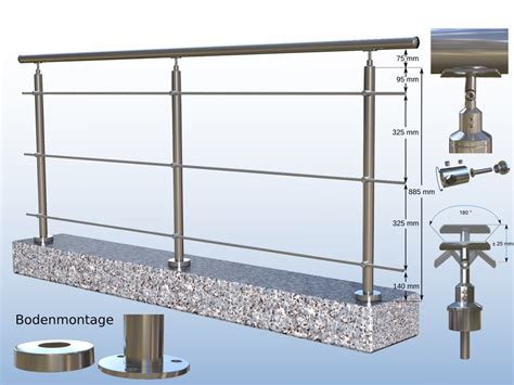 Geländer Edelstahl V2A Boden 3 x Rundstahl bis 3 meter 3 Pfosten