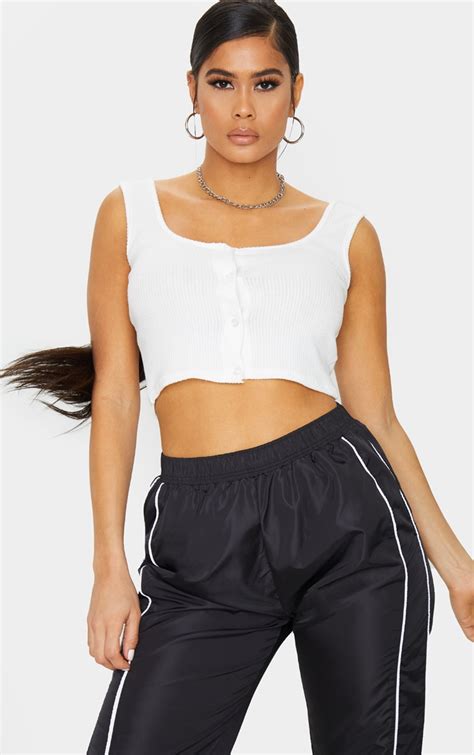 White Soft Rib Button Up Crop Top Tops Prettylittlething Ca