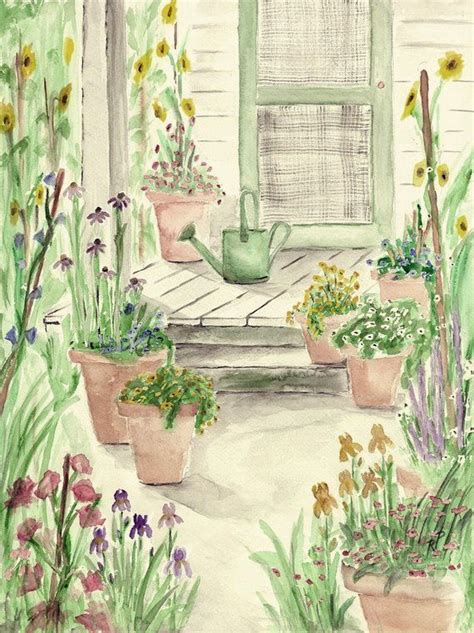 Print Of Original Watercolor Painting Garden Porch Landscape Etsy