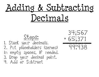 Adding Subtracting Decimals And Fraction Posters By Hall Classroom