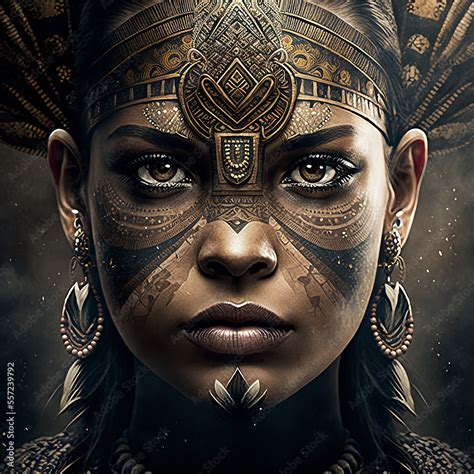 Aztec Woman Warrior Face Closeup Stock Illustration Adobe Stock