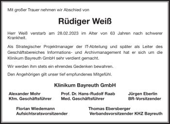 Traueranzeigen von Rüdiger Weiß Nordbayerischer Kurier