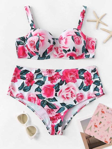 SheinShein Plus Floral Underwire Top With High Waist Bikini Biquíni