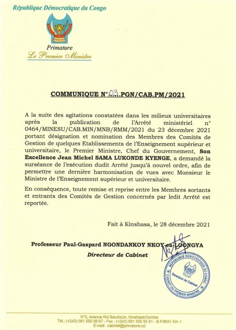 Rdc Sama Lukonde Ordonne La Surc Ance De L Arr T Du D Cembre